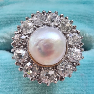 Vintage 18ct White Gold Cultured Pearl and Diamond Cluster Ring