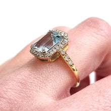 Load image into Gallery viewer, Vintage 18ct Gold Aquamarine and Diamond Cluster Ring modelled
