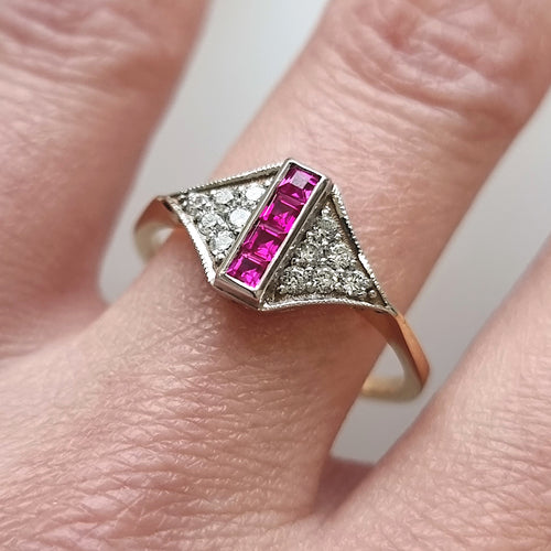 Art Deco Style 18ct Gold Ruby and Diamond Ring modelled