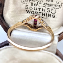 Load image into Gallery viewer, Art Deco Style 18ct Gold Ruby and Diamond Ring behind head
