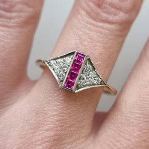 Art Deco Style 18ct Gold Ruby and Diamond Ring modelled