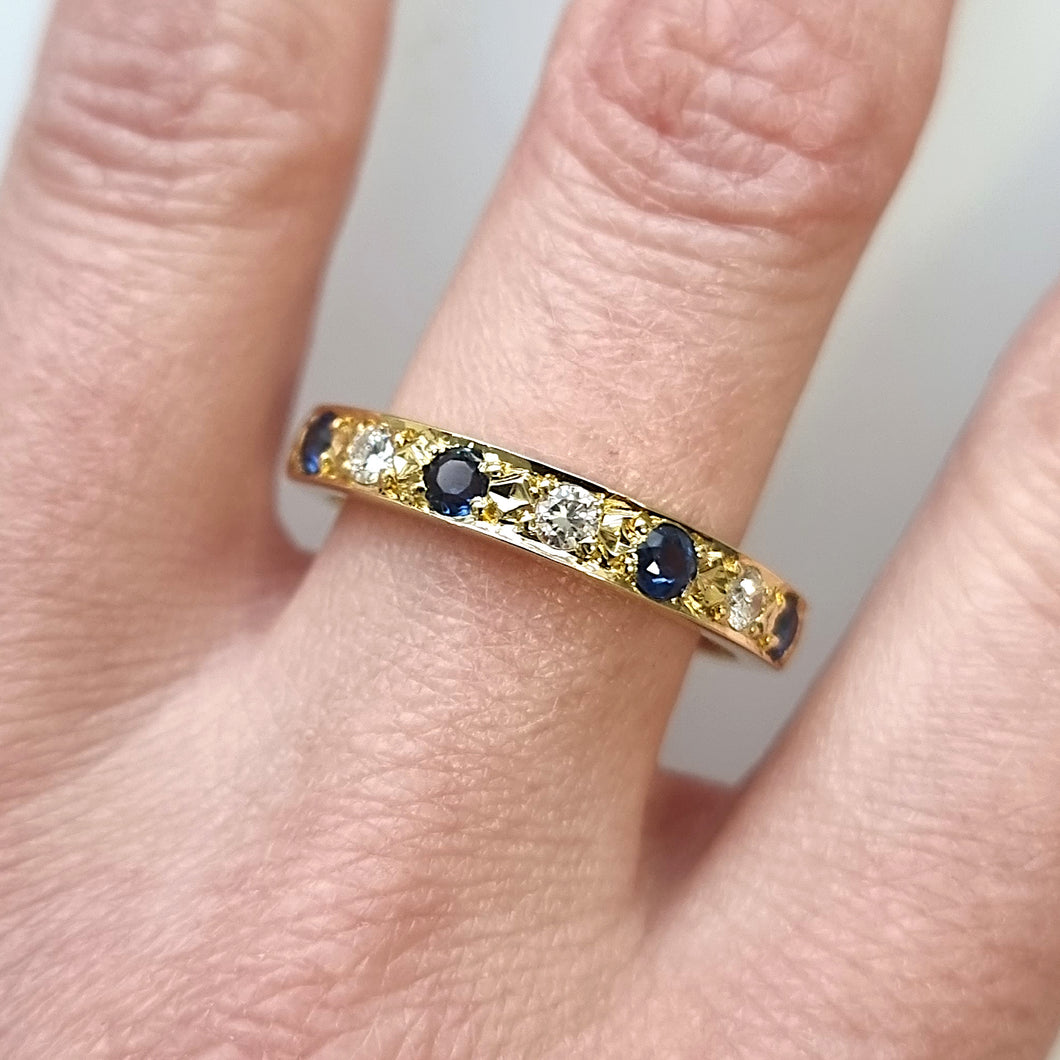 Vintage 18ct Yellow Gold Sapphire and Diamond Half Eternity Ring modelled
