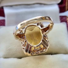 Load image into Gallery viewer, Vintage 10K Gold Citrine Dress Ring behind head
