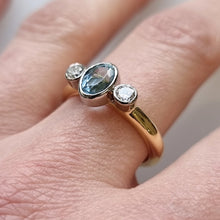 Load image into Gallery viewer, Vintage 18ct Gold Aquamarine and Diamond Three Stone Ring modelled

