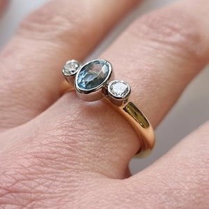 Vintage 18ct Gold Aquamarine and Diamond Three Stone Ring modelled