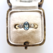 Load image into Gallery viewer, Vintage 18ct Gold Aquamarine and Diamond Three Stone Ring in box
