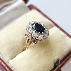 Vintage 9ct Gold Sapphire and Diamond 0.30ct Cluster Ring in box