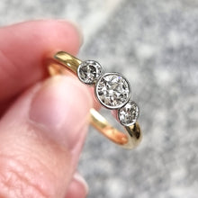 Load image into Gallery viewer, Vintage 18ct Yellow &amp; White Gold Diamond Three Stone Ring, 1.00ct in hand
