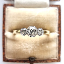 Load image into Gallery viewer, Vintage 18ct Yellow &amp; White Gold Diamond Three Stone Ring, 1.00ct in box
