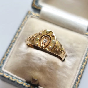 Victorian 18ct Gold "Good Luck" Diamond Horseshoe Ring in box