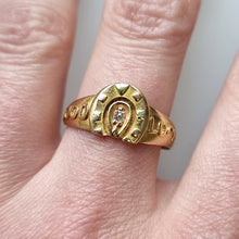 Load image into Gallery viewer, Victorian 18ct Gold &quot;Good Luck&quot; Diamond Horseshoe Ring modelled
