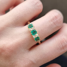 Load image into Gallery viewer, Vintage 18ct Gold Emerald and Diamond Carved Half Hoop Ring modelled
