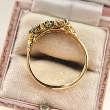 Load image into Gallery viewer, Vintage 18ct Gold Emerald and Diamond Carved Half Hoop Ring side
