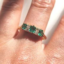 Load image into Gallery viewer, Vintage 18ct Gold Emerald and Diamond Carved Half Hoop Ring modelled
