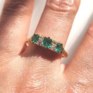 Vintage 18ct Gold Emerald and Diamond Carved Half Hoop Ring modelled