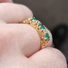 Load image into Gallery viewer, Vintage 18ct Gold Emerald and Diamond Carved Half Hoop Ring modelled
