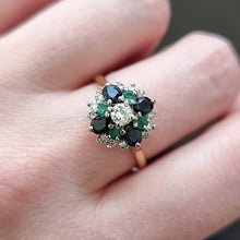 Load image into Gallery viewer, Vintage 18ct Gold Sapphire, Emerald and Diamond Cluster Ring modelled
