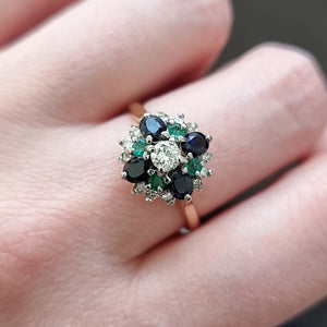 Vintage 18ct Gold Sapphire, Emerald and Diamond Cluster Ring modelled