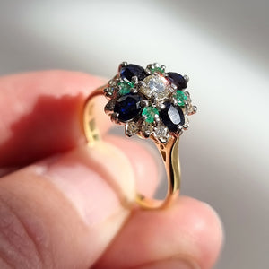 Vintage 18ct Gold Sapphire, Emerald and Diamond Cluster Ring in hand