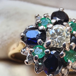 Vintage 18ct Gold Sapphire, Emerald and Diamond Cluster Ring close-up