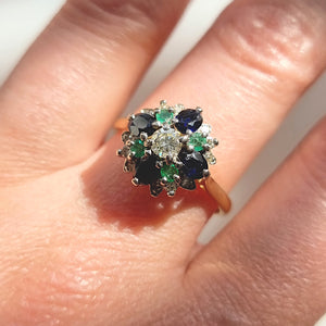 Vintage 18ct Gold Sapphire, Emerald and Diamond Cluster Ring modelled