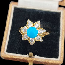 Load image into Gallery viewer, Antique 18ct Yellow Gold Turquoise and Diamond Flower Ring, 1.00ct in box
