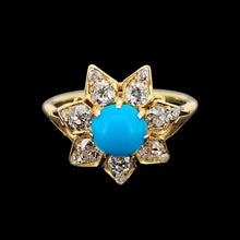 Load image into Gallery viewer, Antique 18ct Yellow Gold Turquoise and Diamond Flower Ring, 1.00ct front
