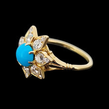 Load image into Gallery viewer, Antique 18ct Yellow Gold Turquoise and Diamond Flower Ring, 1.00ct side
