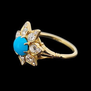 Antique 18ct Yellow Gold Turquoise and Diamond Flower Ring, 1.00ct side