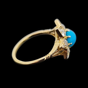 Antique 18ct Yellow Gold Turquoise and Diamond Flower Ring, 1.00ct side