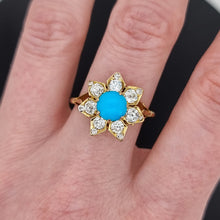 Load image into Gallery viewer, Antique 18ct Yellow Gold Turquoise and Diamond Flower Ring, 1.00ct modelled
