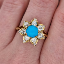 Load image into Gallery viewer, Antique 18ct Yellow Gold Turquoise and Diamond Flower Ring, 1.00ct modelled
