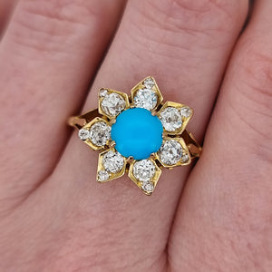 Antique 18ct Yellow Gold Turquoise and Diamond Flower Ring, 1.00ct modelled