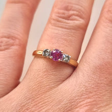 Load image into Gallery viewer, Vintage 18ct Gold Pink Sapphire and Diamond Three Stone Ring modelled
