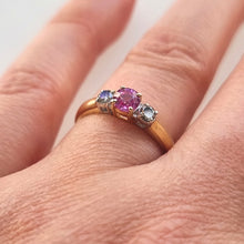 Load image into Gallery viewer, Vintage 18ct Gold Pink Sapphire and Diamond Three Stone Ring modelled
