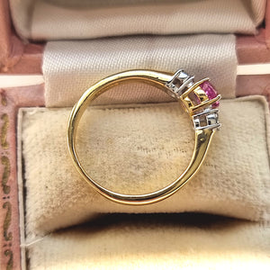 Vintage 18ct Gold Pink Sapphire and Diamond Three Stone Ring side