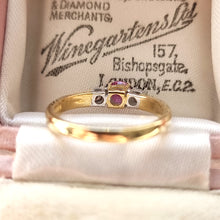 Load image into Gallery viewer, Vintage 18ct Gold Pink Sapphire and Diamond Three Stone Ring behind head
