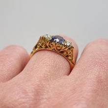 Load image into Gallery viewer, Vintage 18ct Gold Sapphire and Diamond Carved Half Hoop Ring modelled
