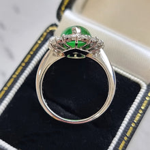 Load image into Gallery viewer, Vintage Platinum Jade 2.39ct and Diamond 1.03ct Cluster Ring side profile, in box
