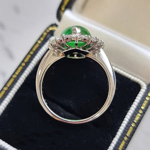 Vintage Platinum Jade 2.39ct and Diamond 1.03ct Cluster Ring side profile, in box