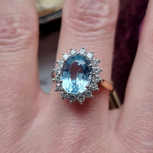 Vintage 18ct Gold Blue Topaz and Diamond Oval Cluster Ring, 2.85ct modelled