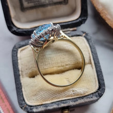 Load image into Gallery viewer, Vintage 18ct Gold Blue Topaz and Diamond Oval Cluster Ring, 2.85ct side profile, in box
