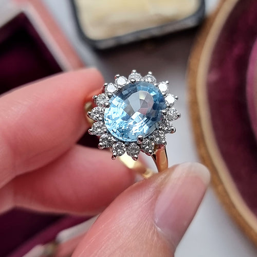 Vintage 18ct Gold Blue Topaz and Diamond Oval Cluster Ring, 2.85ct in hand