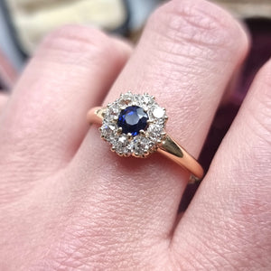 Victorian 18ct Gold Sapphire and Old Cut Diamond Cluster Ring modelled