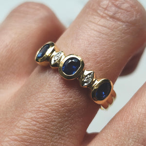 18ct Yellow Gold Sapphire and Diamond Five Stone Bezel Set Ring