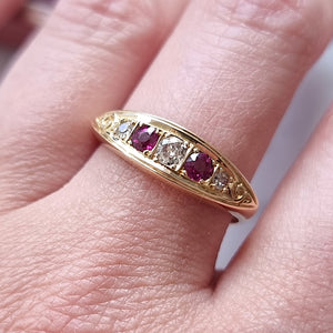 Antique 18ct Yellow Gold Ruby and Diamond Five Stone Ring