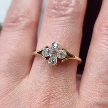 Load image into Gallery viewer, Gold ring with old cut diamonds modelled on a person&#39;s finger
