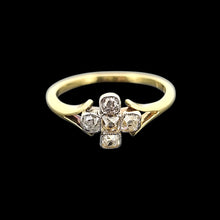 Load image into Gallery viewer, Gold ring with diamond cross design on a black background
