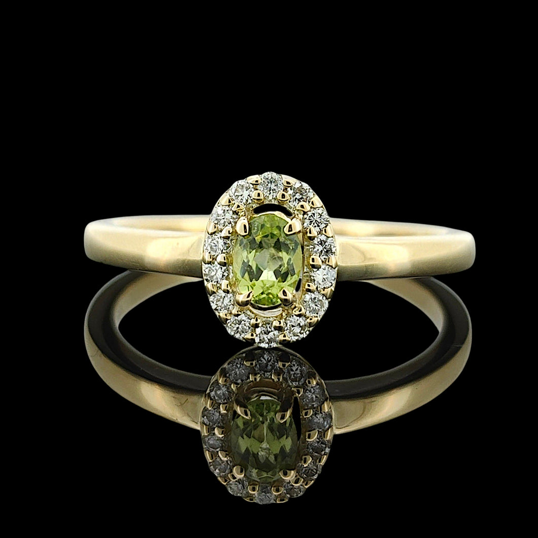 14K Yellow Gold Peridot and Diamond Oval Cluster Ring