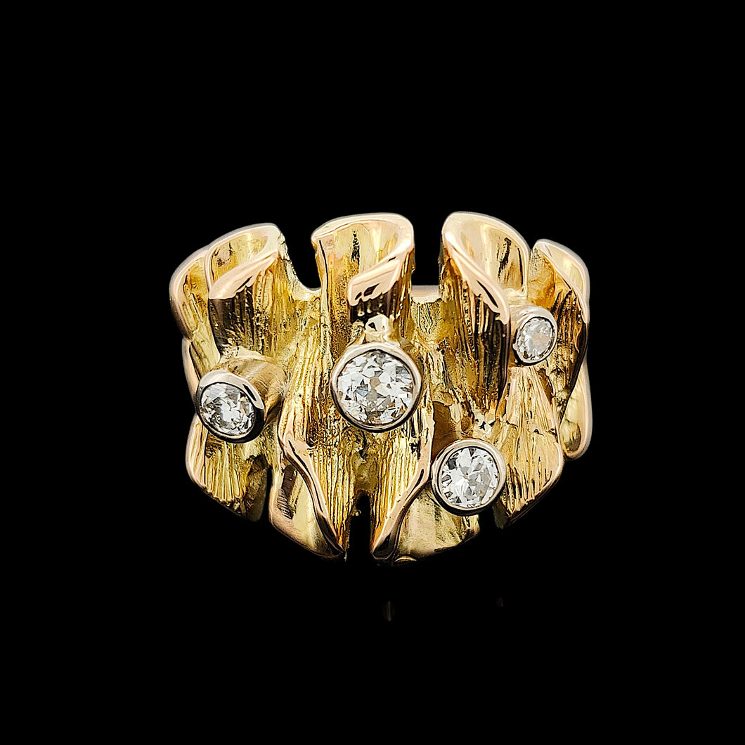 Vintage 14K Yellow Gold Old Cut Diamond Frilled Dress Ring, 0.30ct